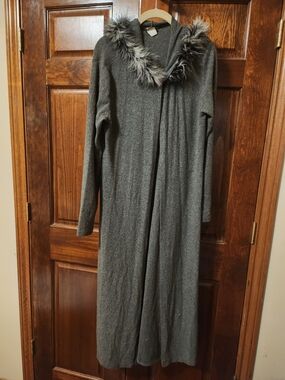 Long Gray Hooded Maxi Sweater with Faux Fur Trim